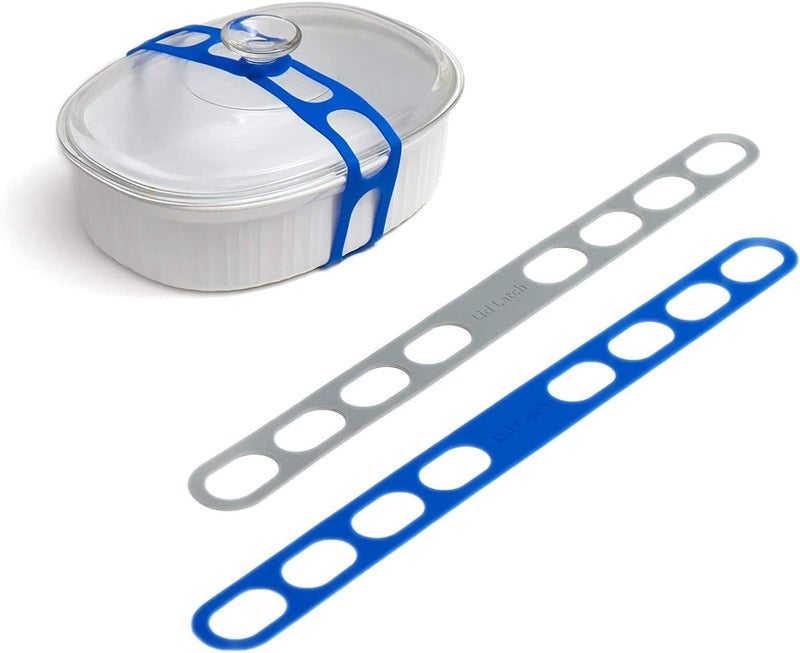 mella Lid Latch the reusable universal lid securing strap for crockpots, casserole dishes, pots, pans and more. Make it easy to transport your favorite dishes with one simple strap. (Polybag Blue/Grey) - Image 1